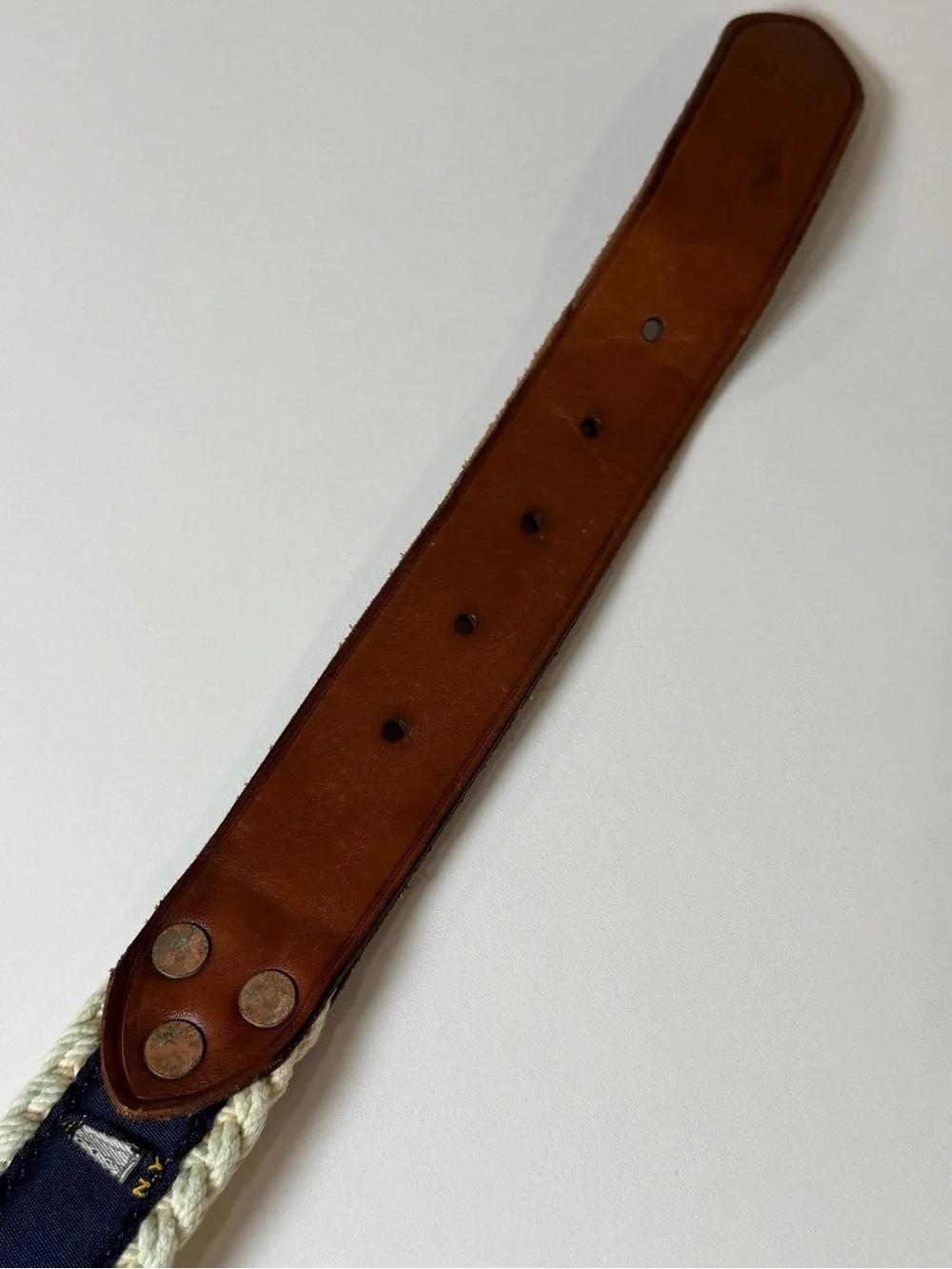 Polo Ralph Lauren 32W RARE Nautical Rope-Trim Leather Belt Preppy Canvas Trad
